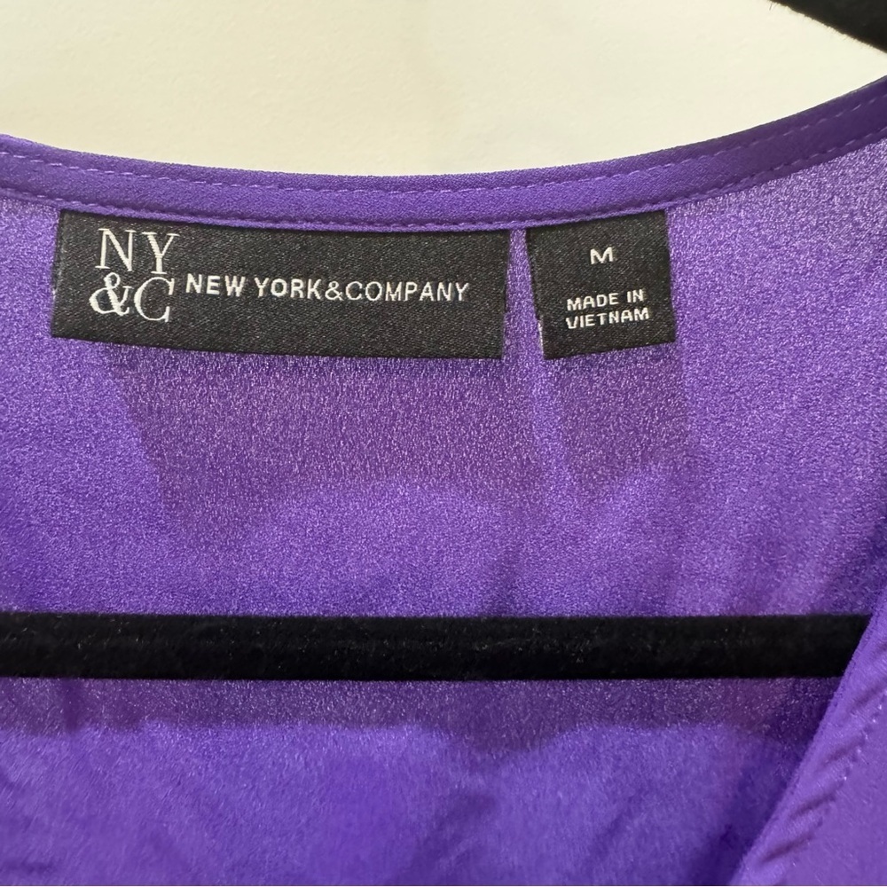 NY Collection Deep Purple V-Neck Button Front Blouse - Picture 2 of 8